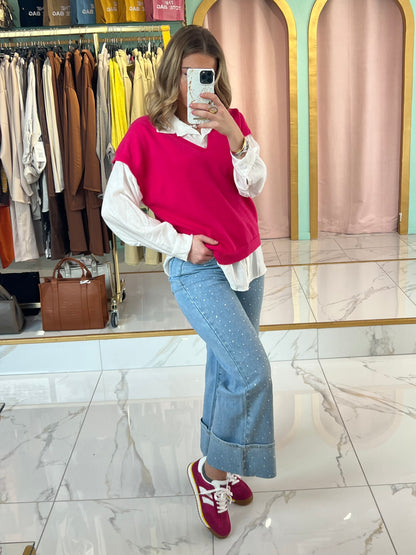 Top en maille à col en V sans manches - rose fushia