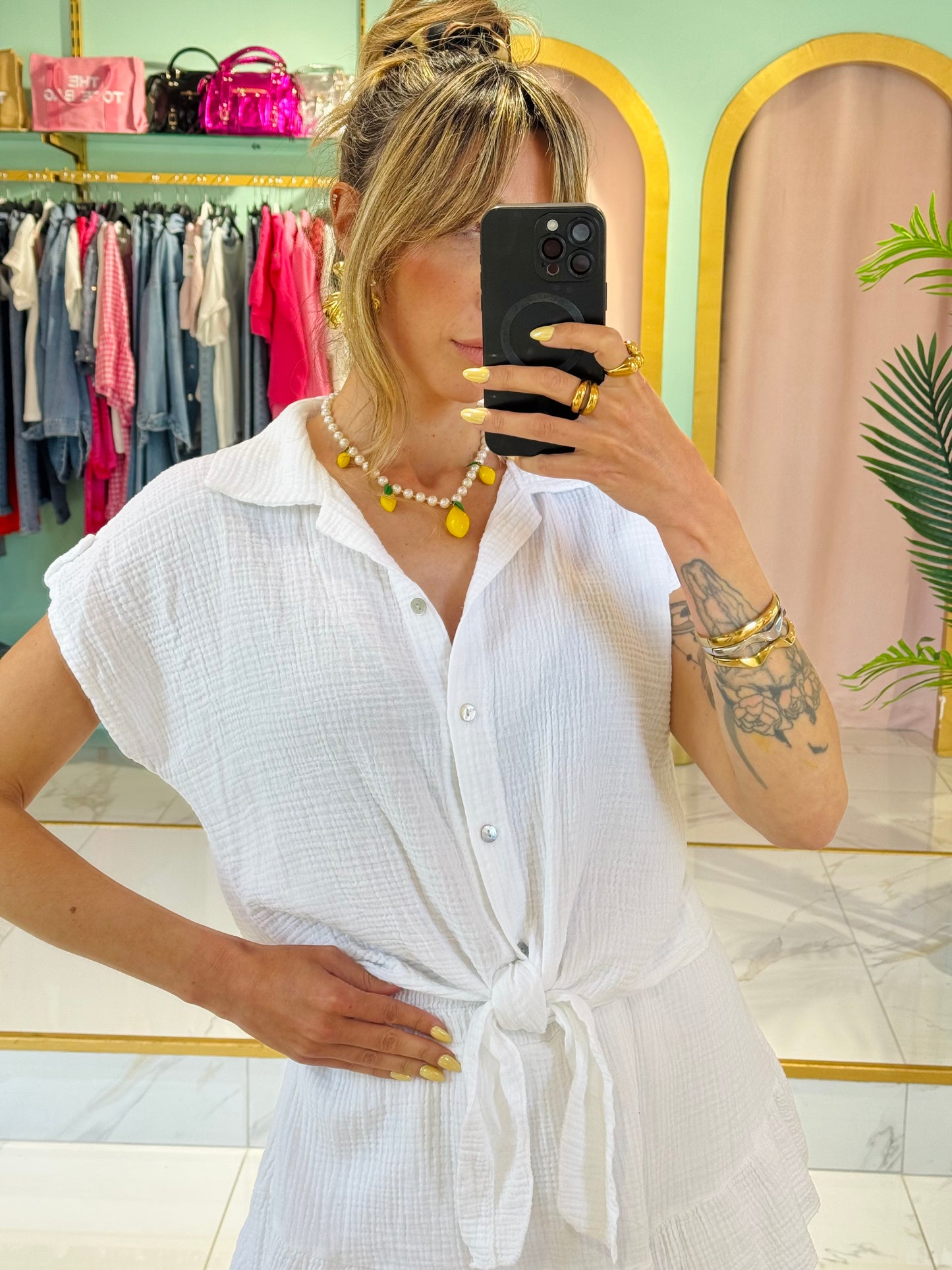 Chemise nouée en gaze de coton – blanche