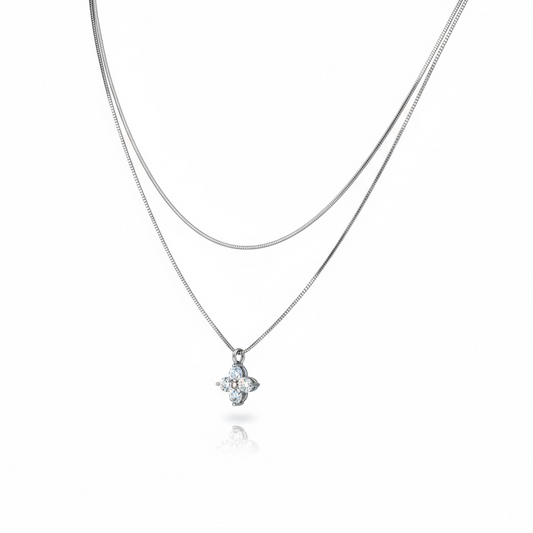Collier fin double rang et fleur strass argent