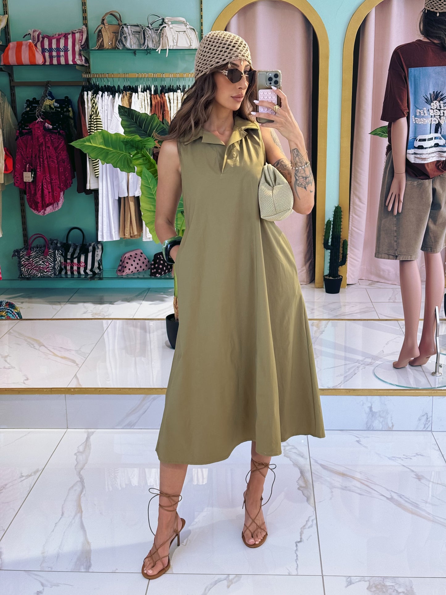 Robe midi col chemise - pistache