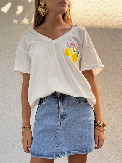 T-shirt col V lemon  - Blanc