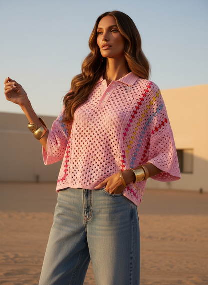 Polo crochet en coton rose