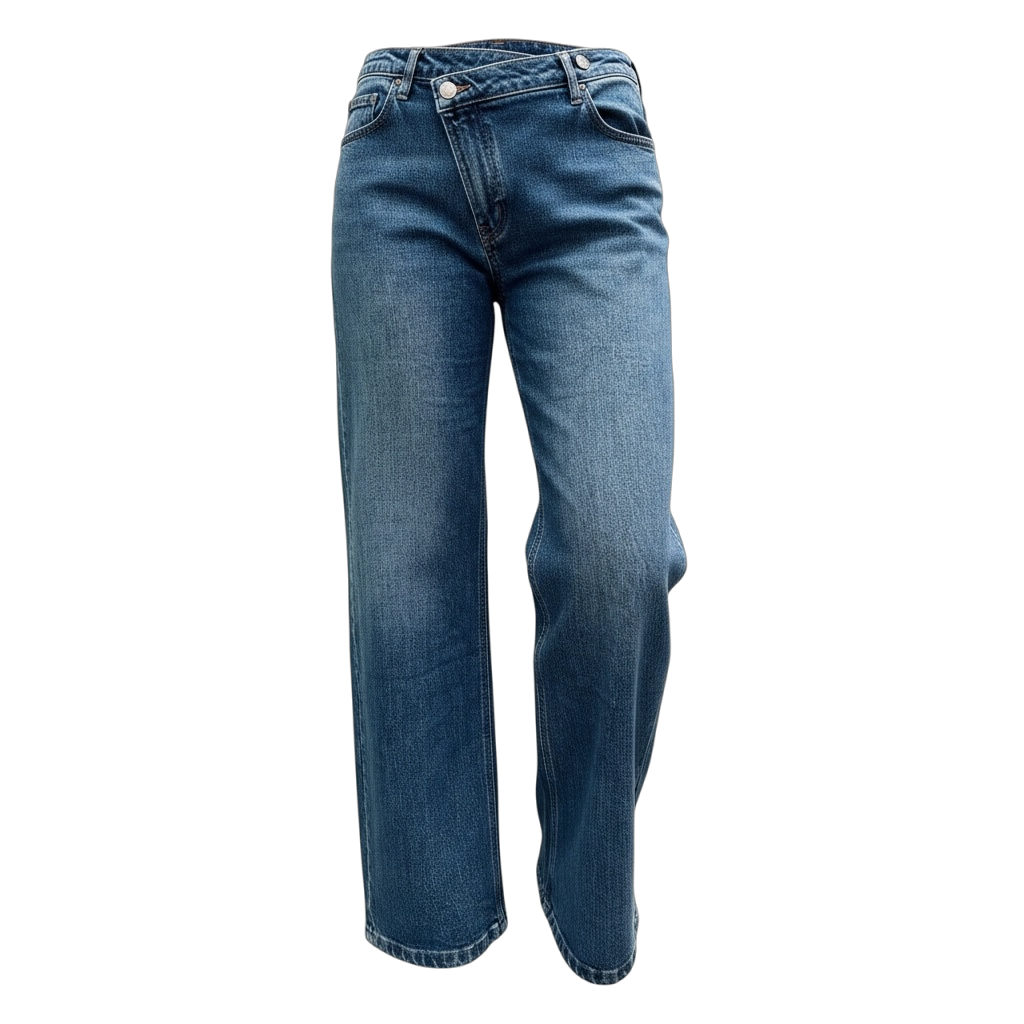 Jean Wide Leg – Boutons croisés – Coloris brut avec surpiqûres camel