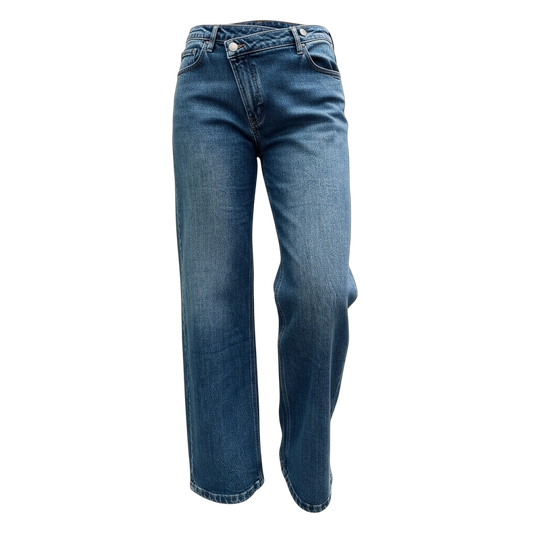 Jean Wide Leg – Boutons croisés – Coloris brut avec surpiqûres camel