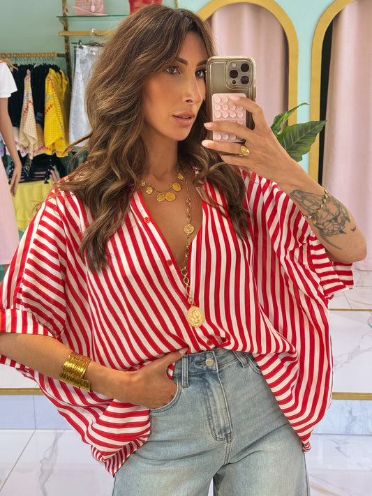 Chemise rayée maxi oversize - rouge