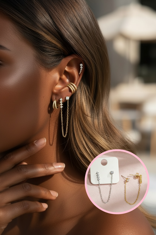 Monoboucle double barre et strass avec chaînette longue