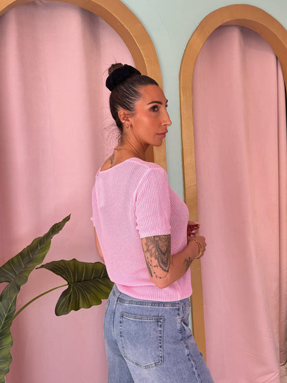Top maille fine col V – rose