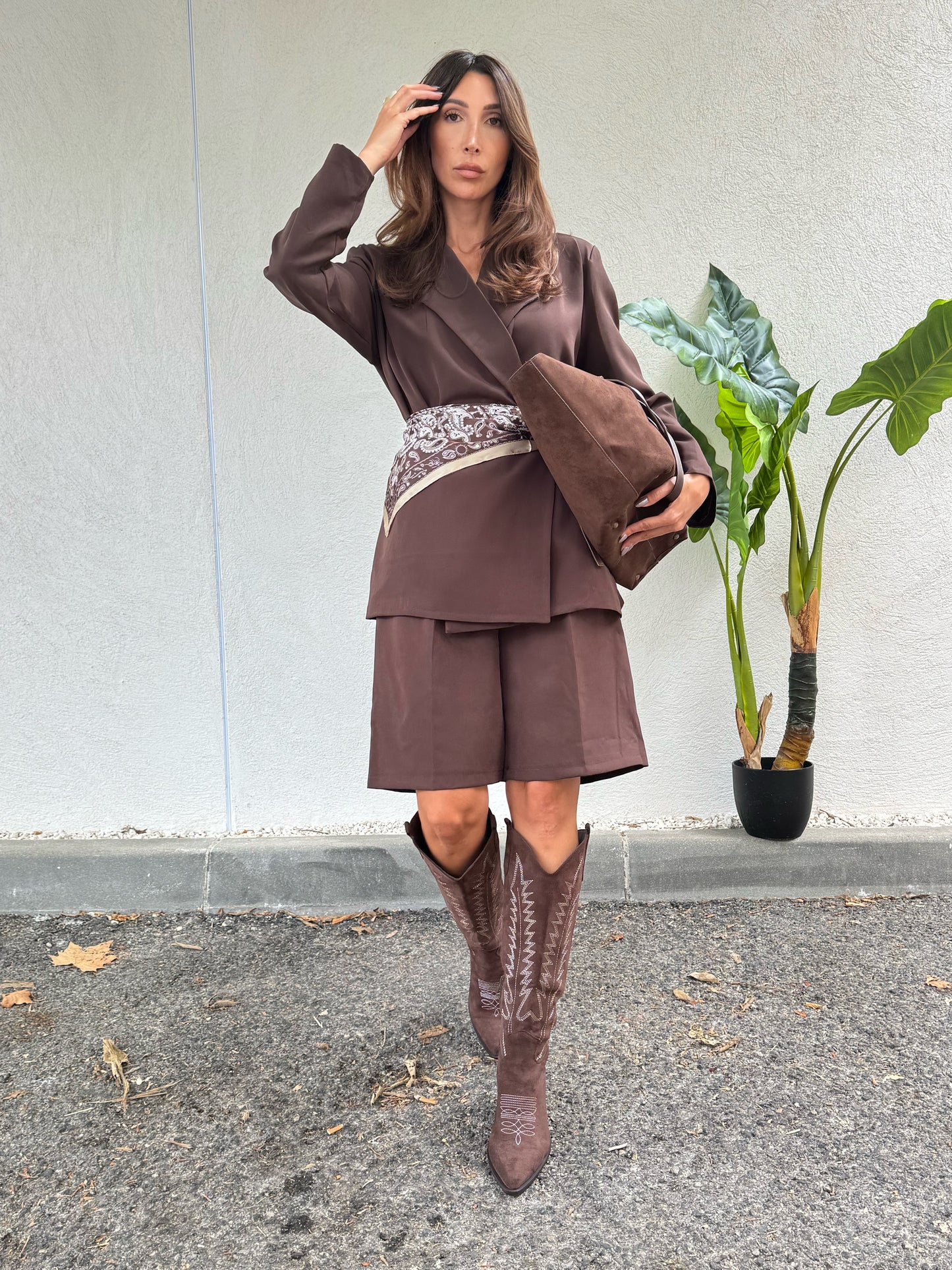 Bermuda tailleur loose – Taille élastique – Marron