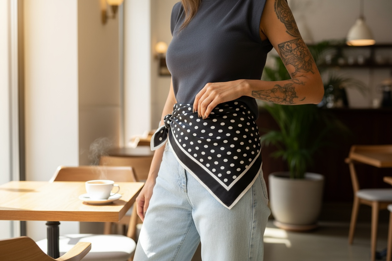 Foulard carré satin noir à pois