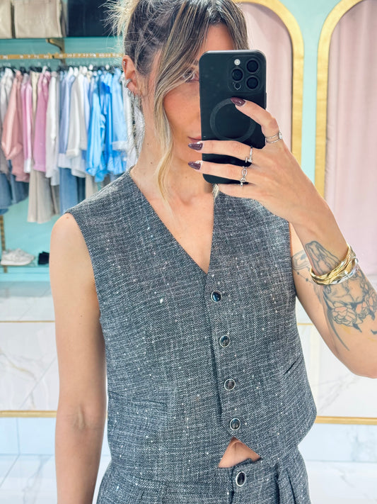 gilet tailleur façon tweed avec sequins