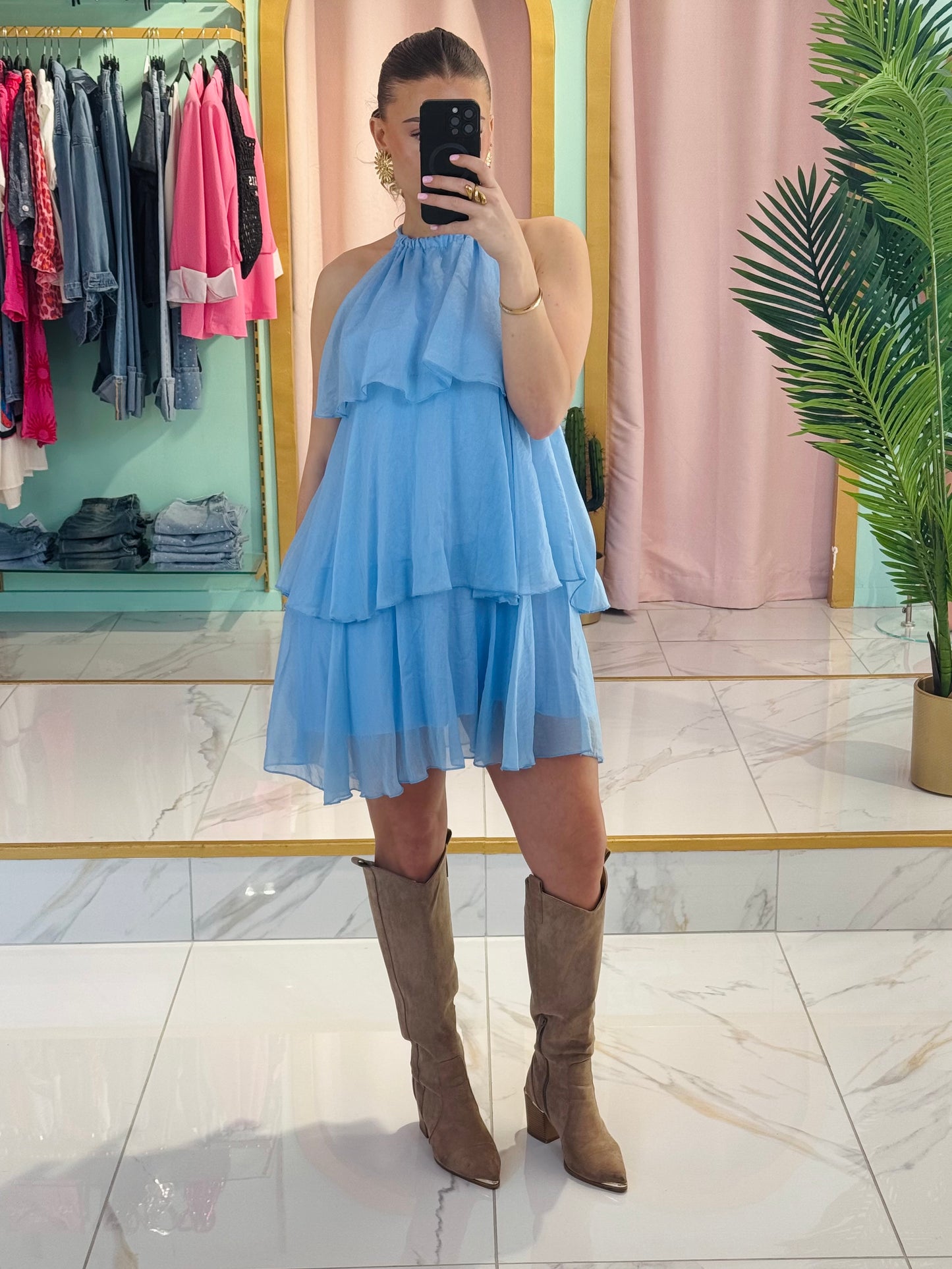 Robe trapèze  à volants bleu