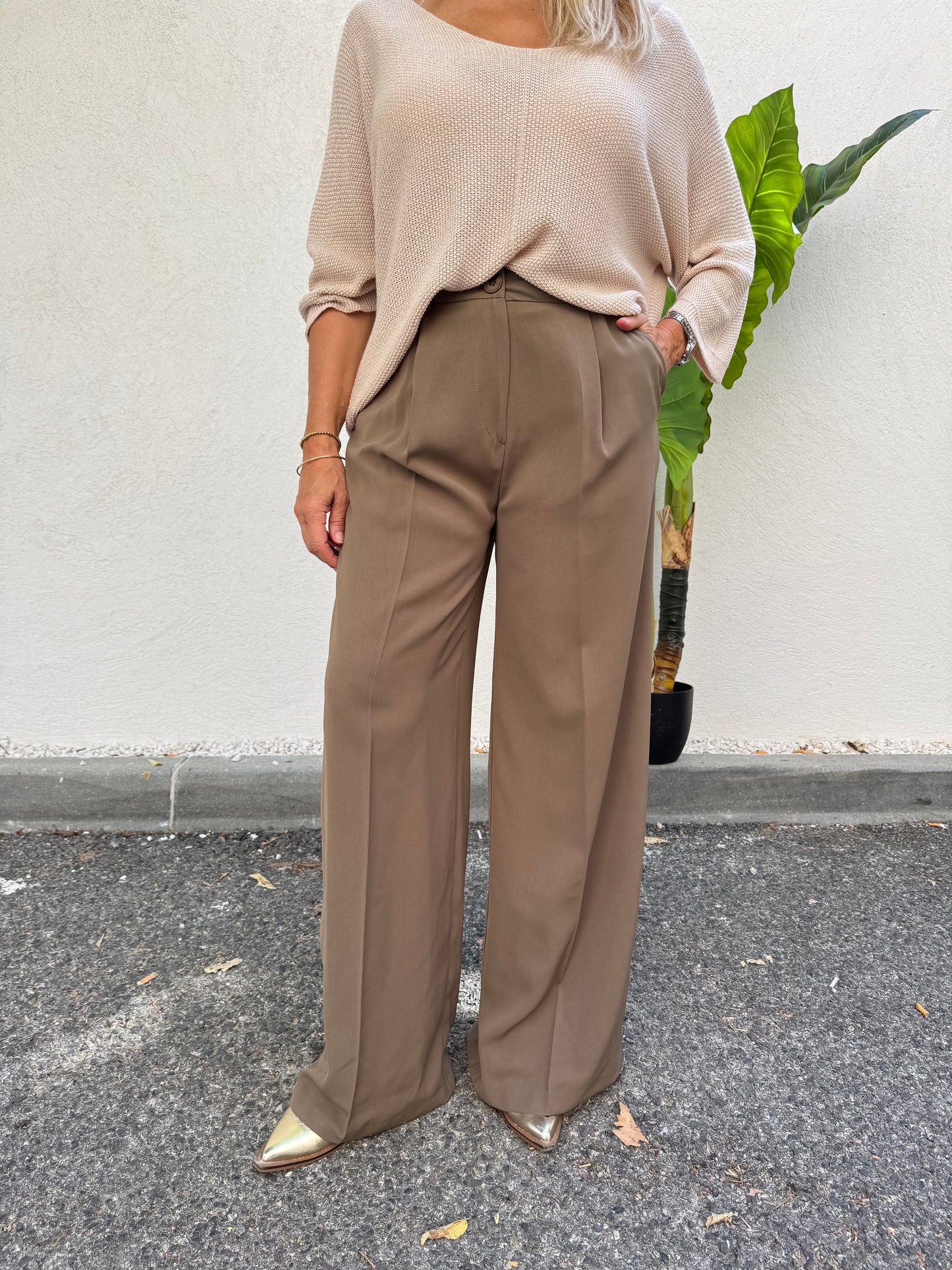Pantalon tailleur coupe palazzo taupe