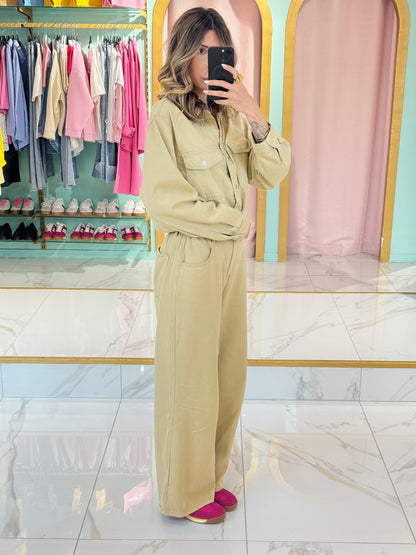 Ensemble en jean surchemise & pantalon wide leg beige