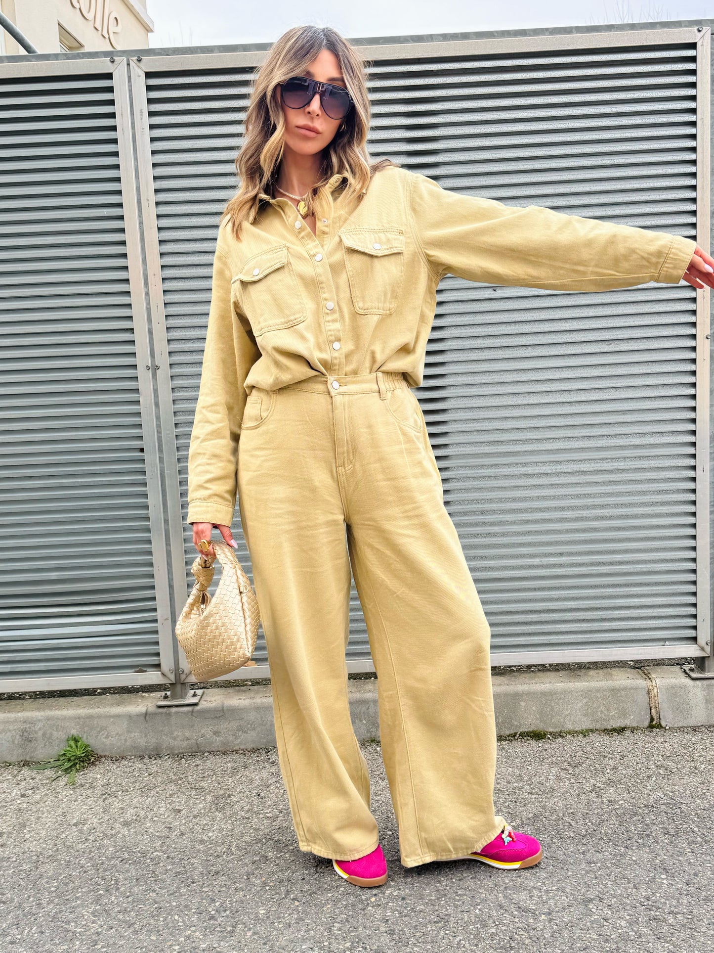 Ensemble en jean surchemise & pantalon wide leg beige