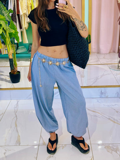 Pantalon bouffant à petit carreaux - bleu clair
