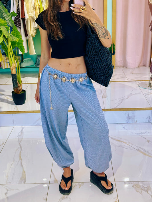 Pantalon bouffant à petit carreaux - bleu clair
