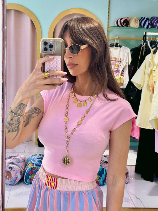 Top basique cropped doux & stretch rose