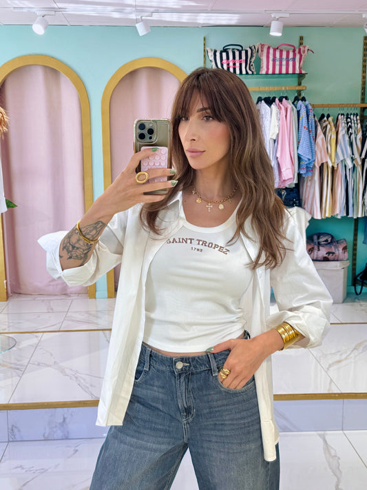 Débardeur + chemise blanche brodée st tropez