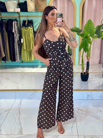 Combi Pantalon magique marron  à pois blanc