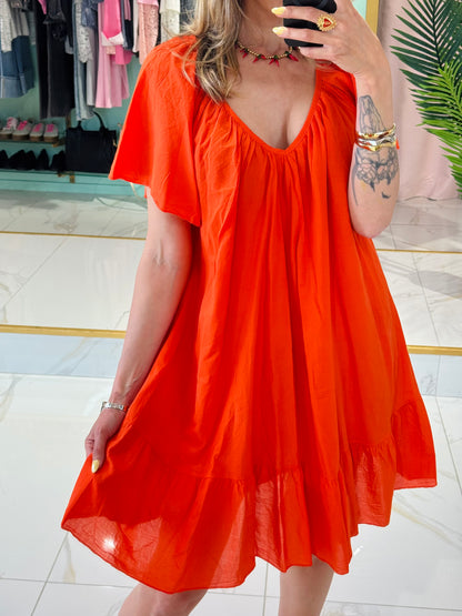 Robe coton col V dos noué - Corail