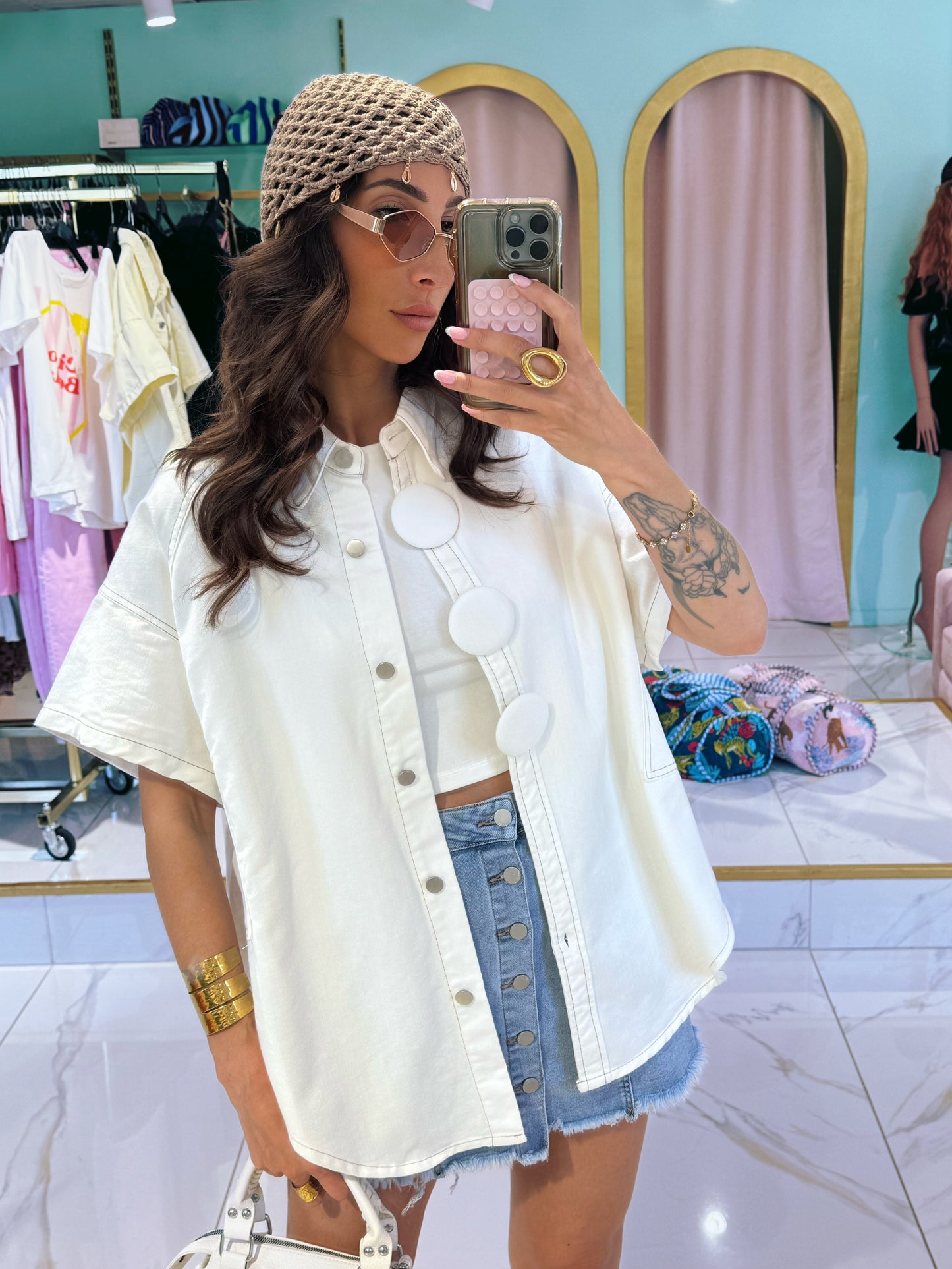 Veste en jean manches courtes oversize -blanc crème
