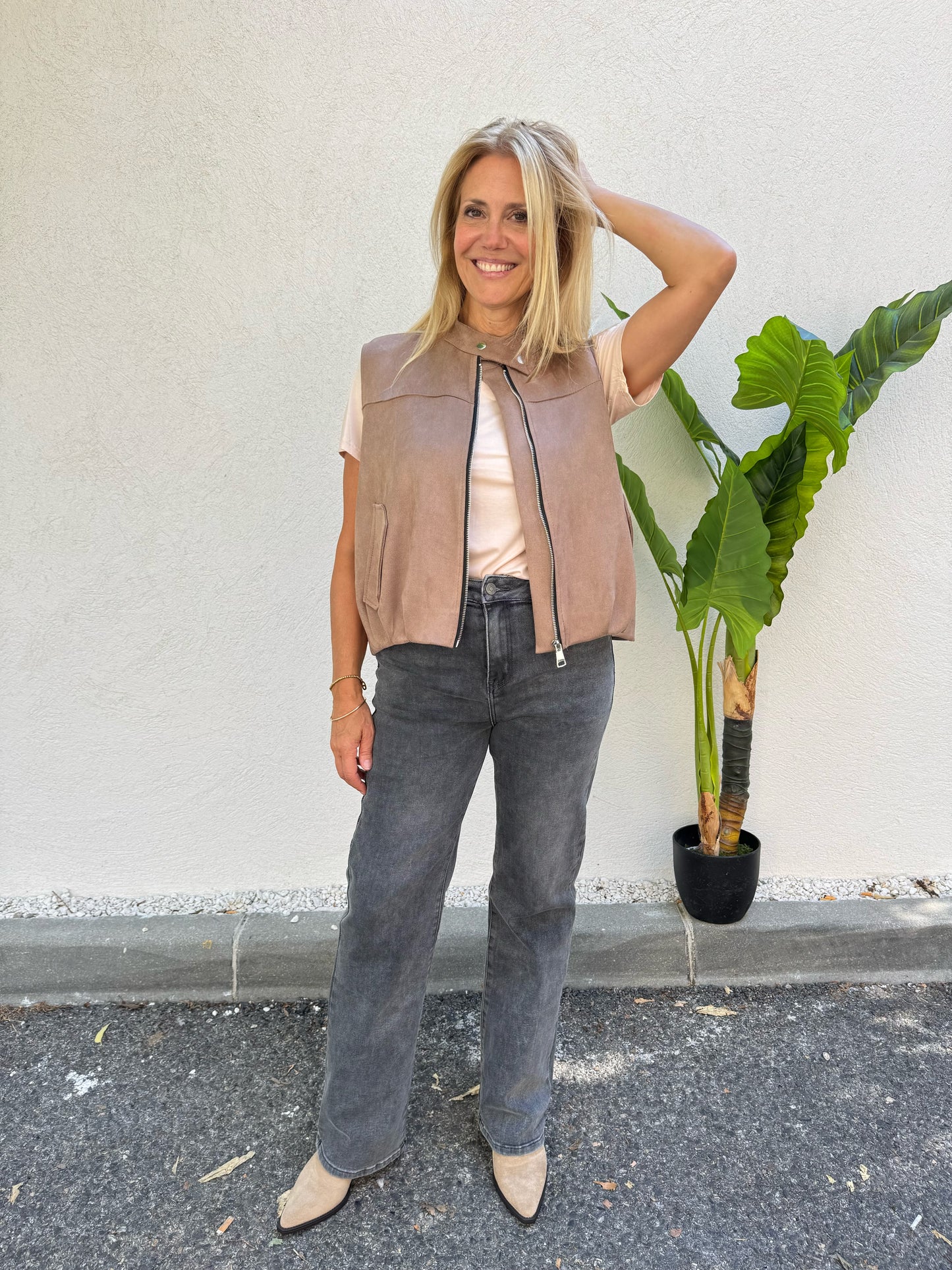 Veste sans manches façon nubuck beige