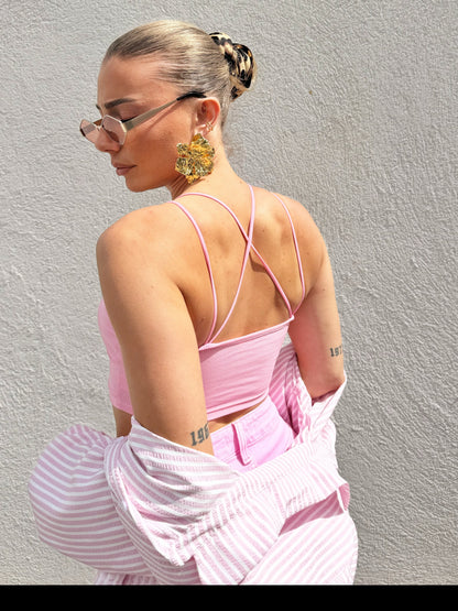 Crop Top à Coques – Dos Croisé & Maille Côtelée rose