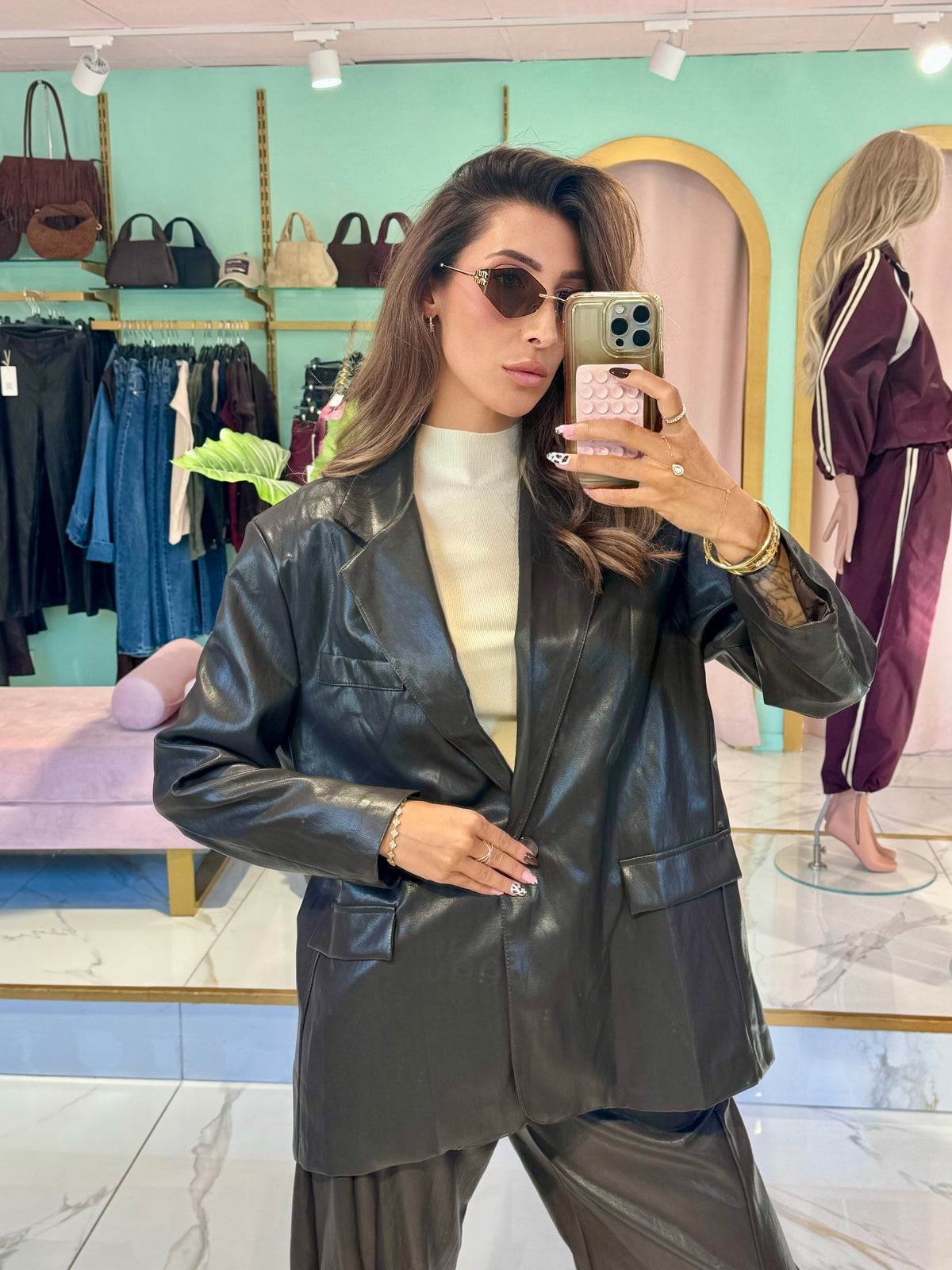 Veste tailleur oversize en simili cuir - marron foncé