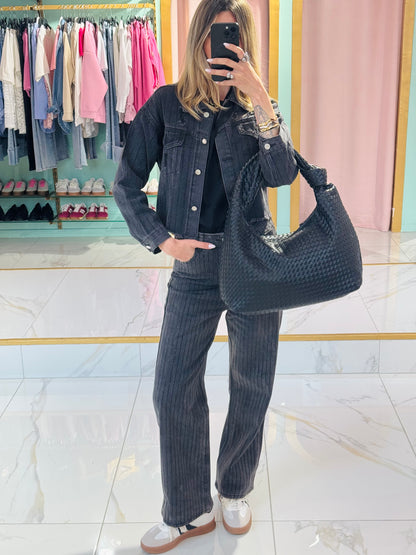 Veste en jean noir et strass