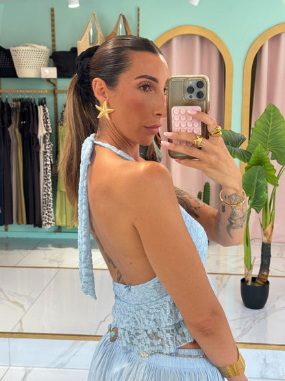 Top dentelle avec broche soleil- bleu