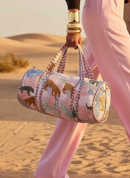 Sac week-end matelassé + pochette offerte - rose pastel & tigres