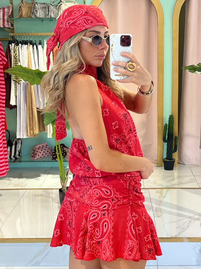 Ensemble top / jupe et foulard bandana  - rouge