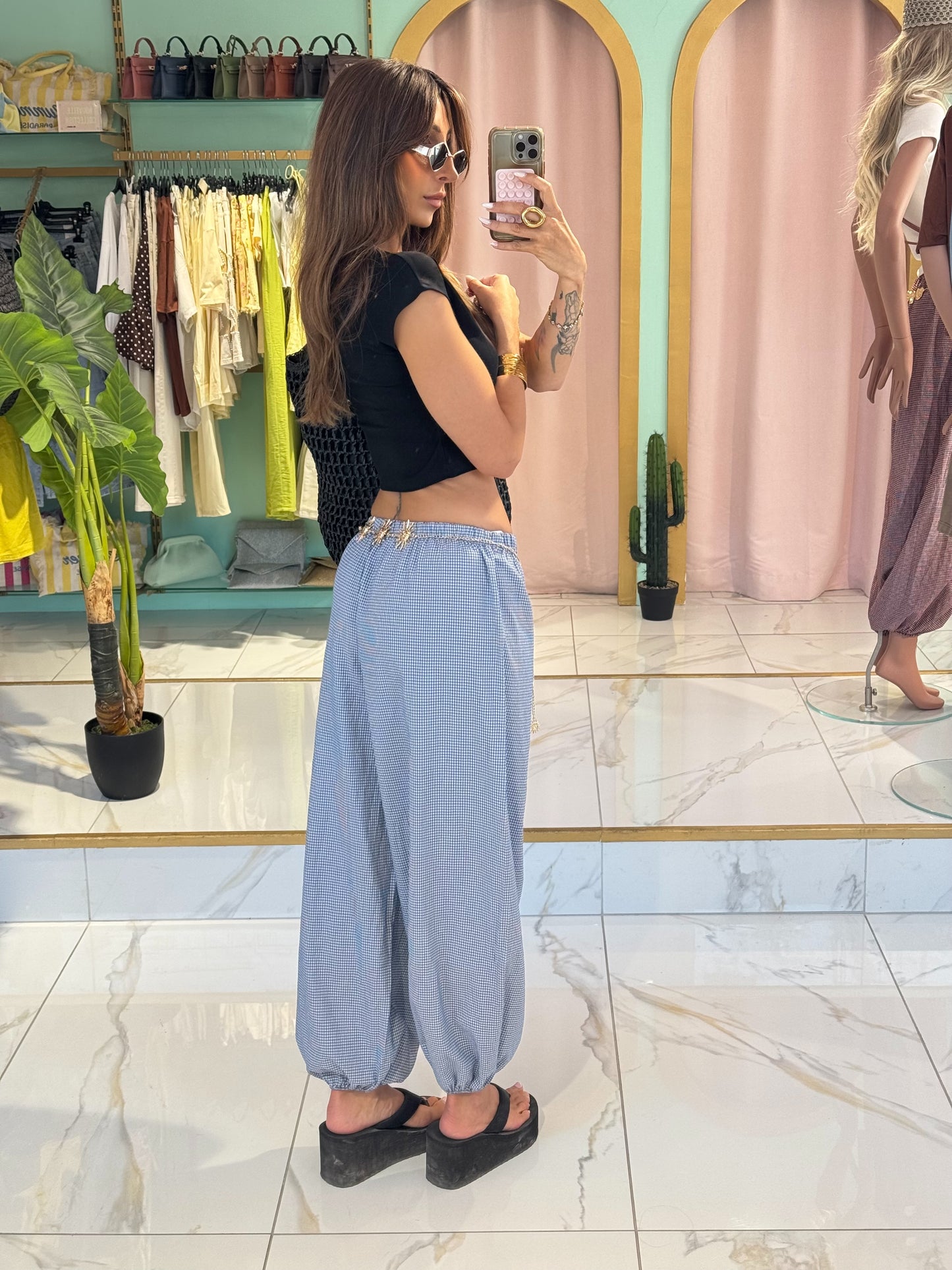 Pantalon bouffant à petit carreaux - bleu clair