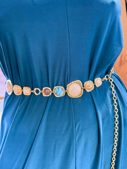 Ceinture chaîne pierres crème violine & turquoise