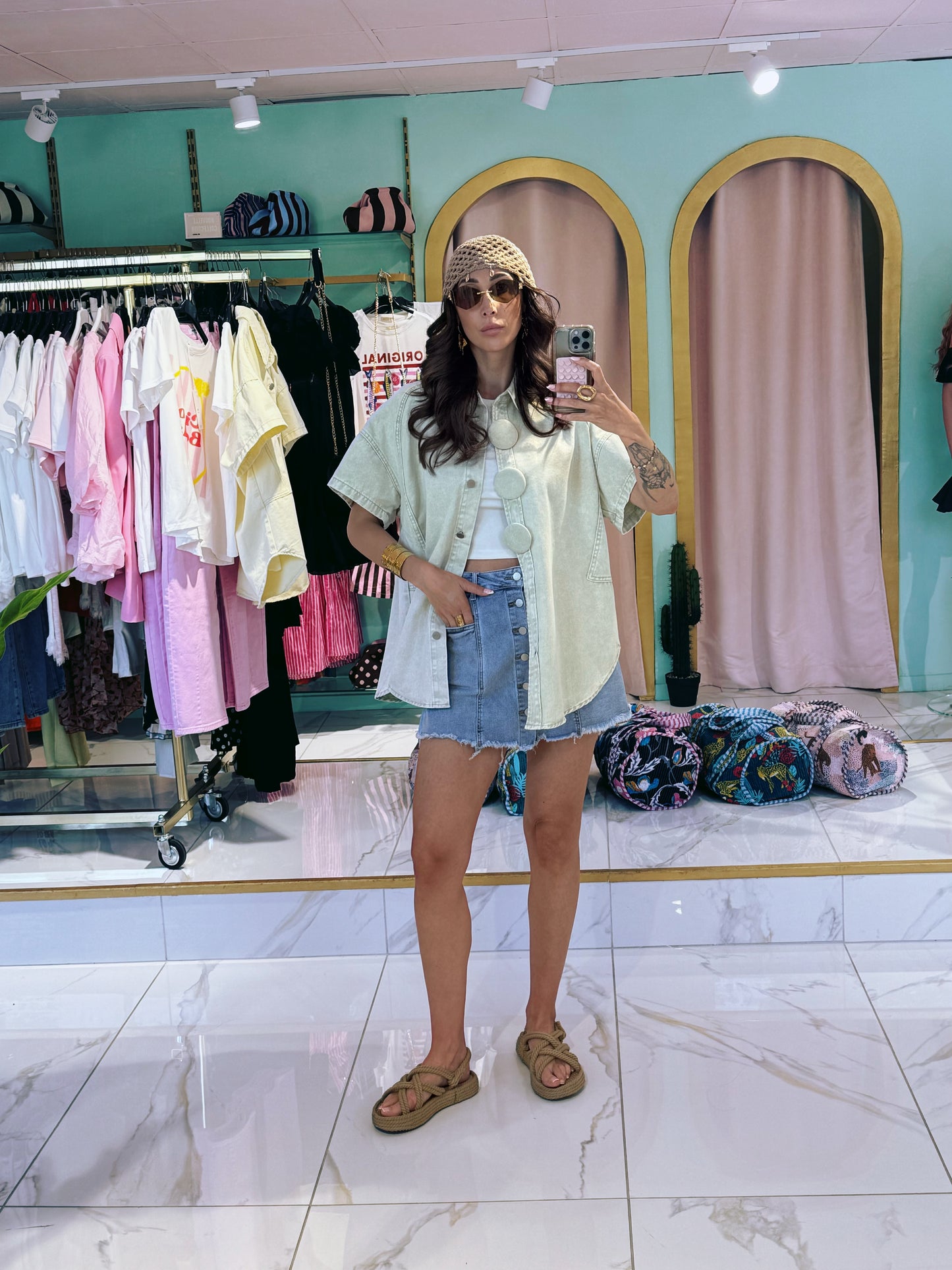 Veste en jean manches courtes oversize -mint