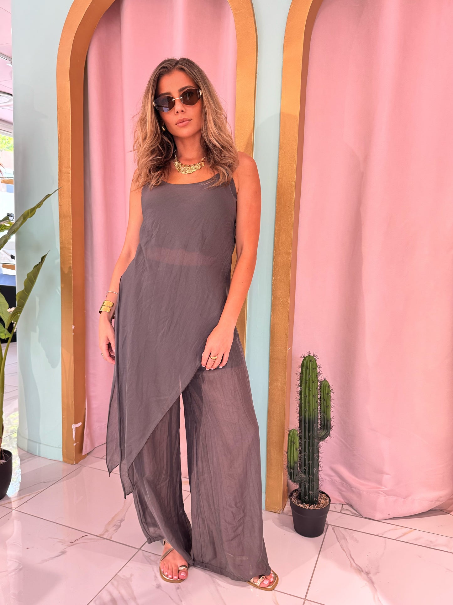 Ensemble top asymétrique  & pantalon léger et fluide - chocolat