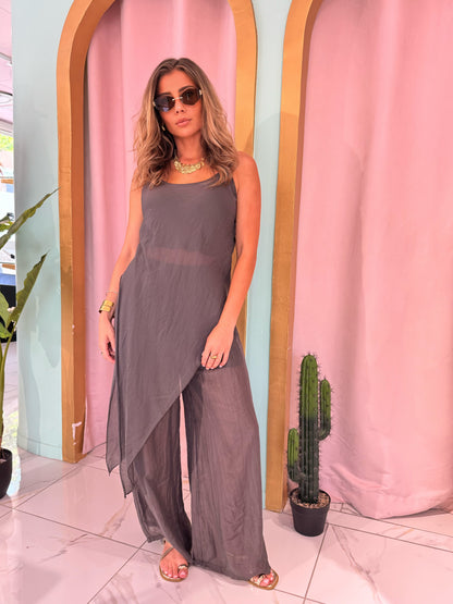 Ensemble top asymétrique  & pantalon léger et fluide - chocolat