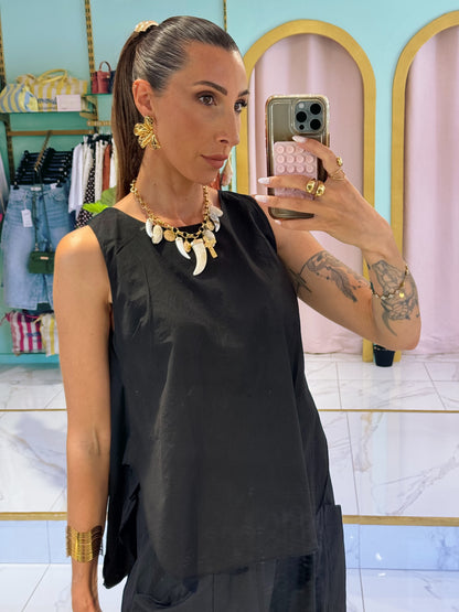Top en coton loose ouvert dans le dos- noir