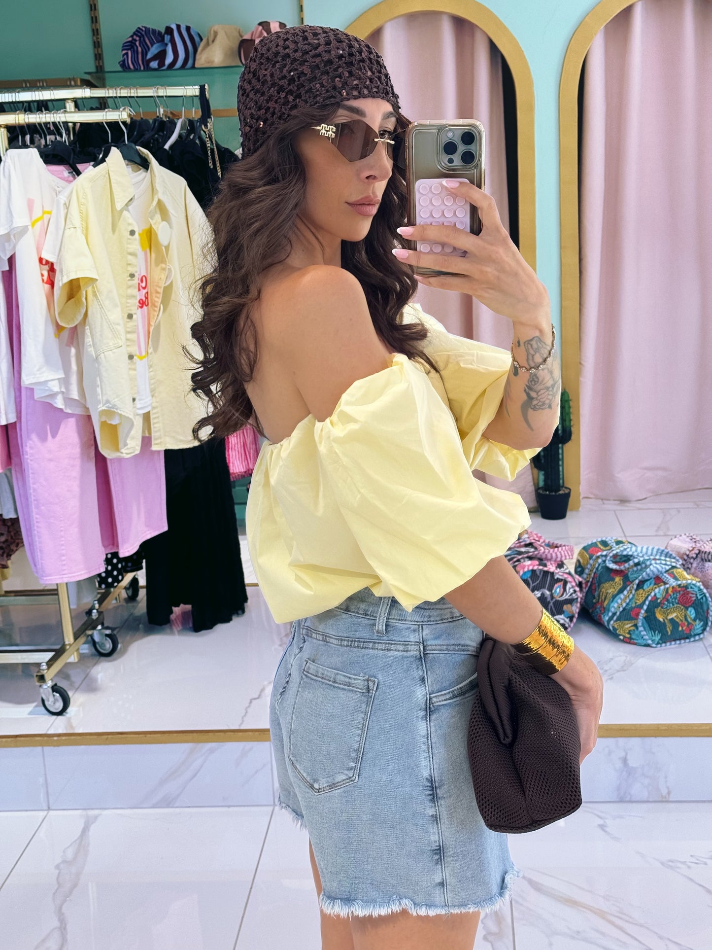Top en popeline bouffant manche bardot - jaune