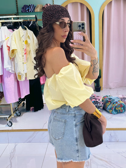 Top en popeline bouffant manche bardot - jaune