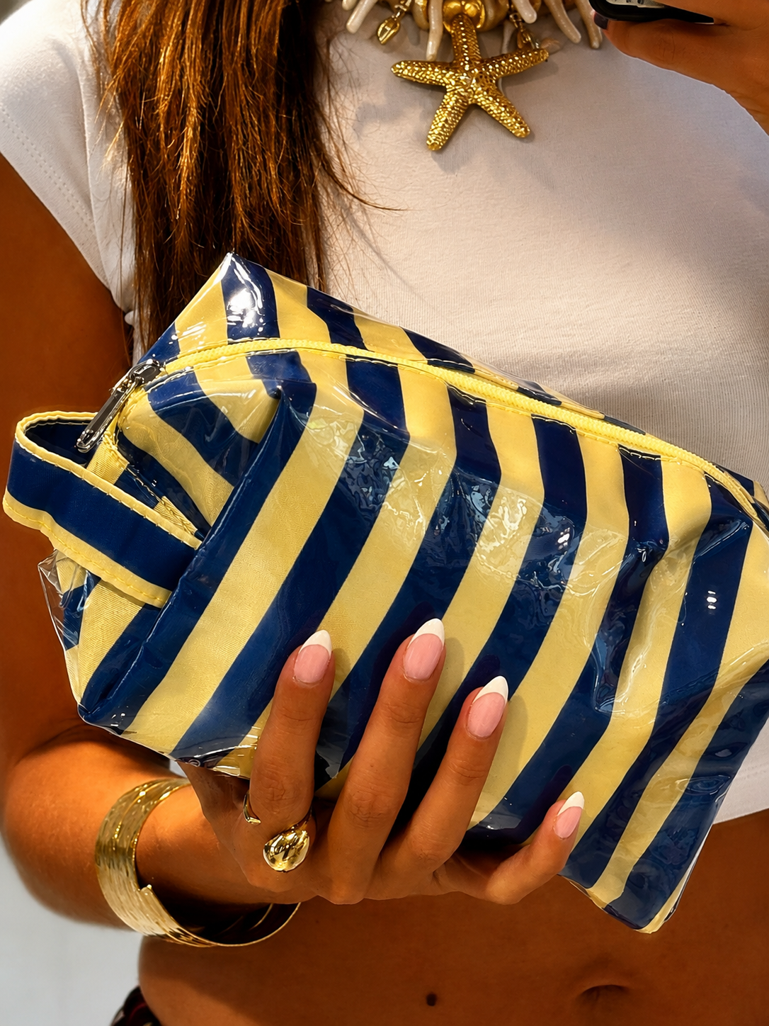 Pochette d’été deperlante  rayée - bleu & jaune