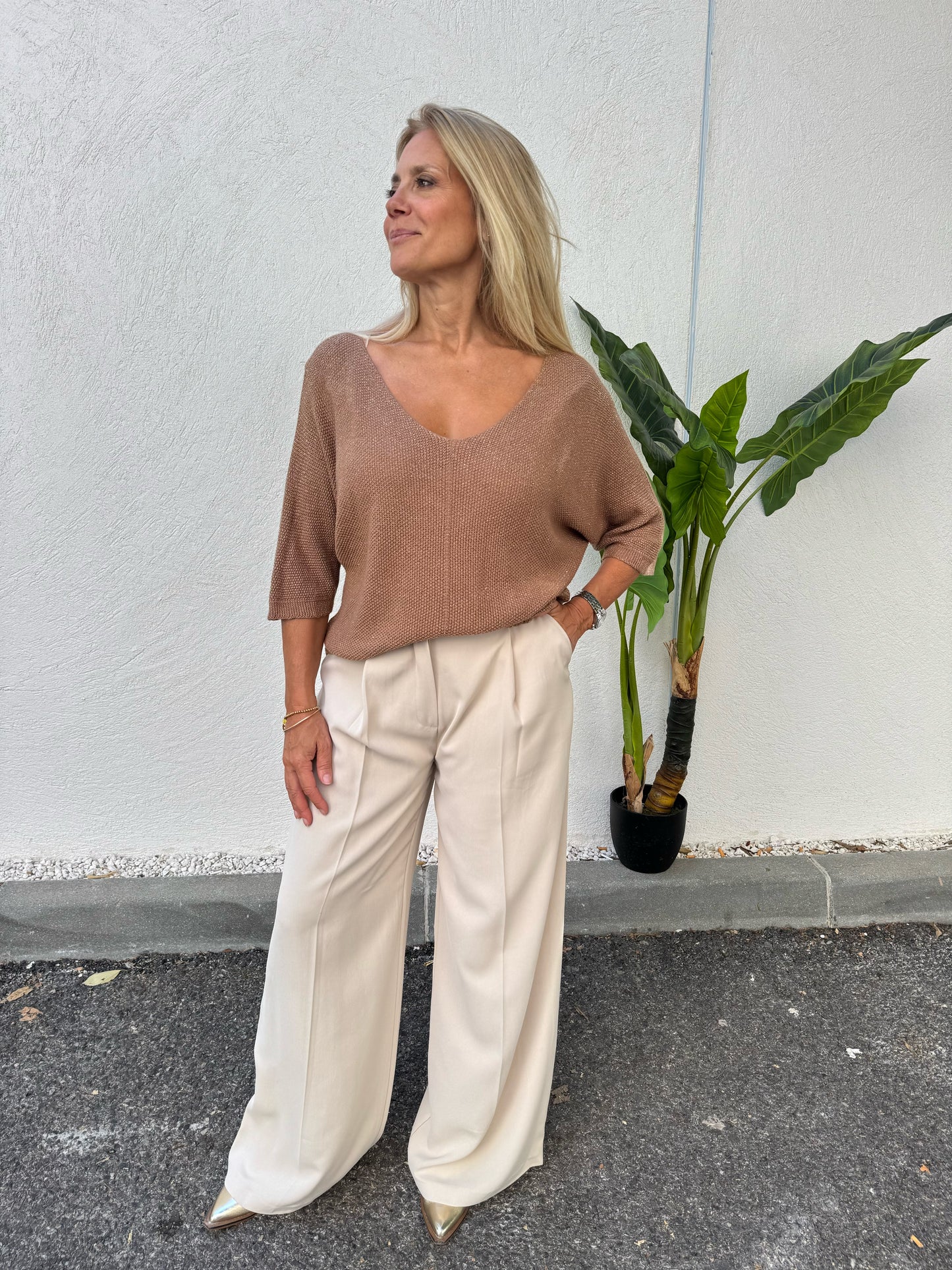 Pantalon tailleur coupe palazzo beige