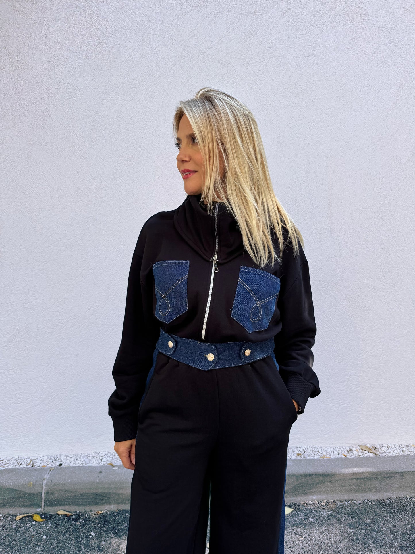 Ensemble streetwear patchwork jean & sweat – noir