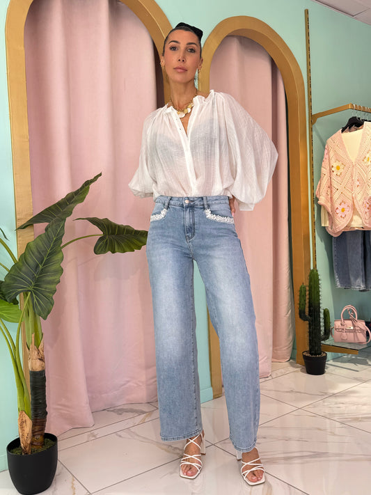 Jean wide leg dentelle & strass