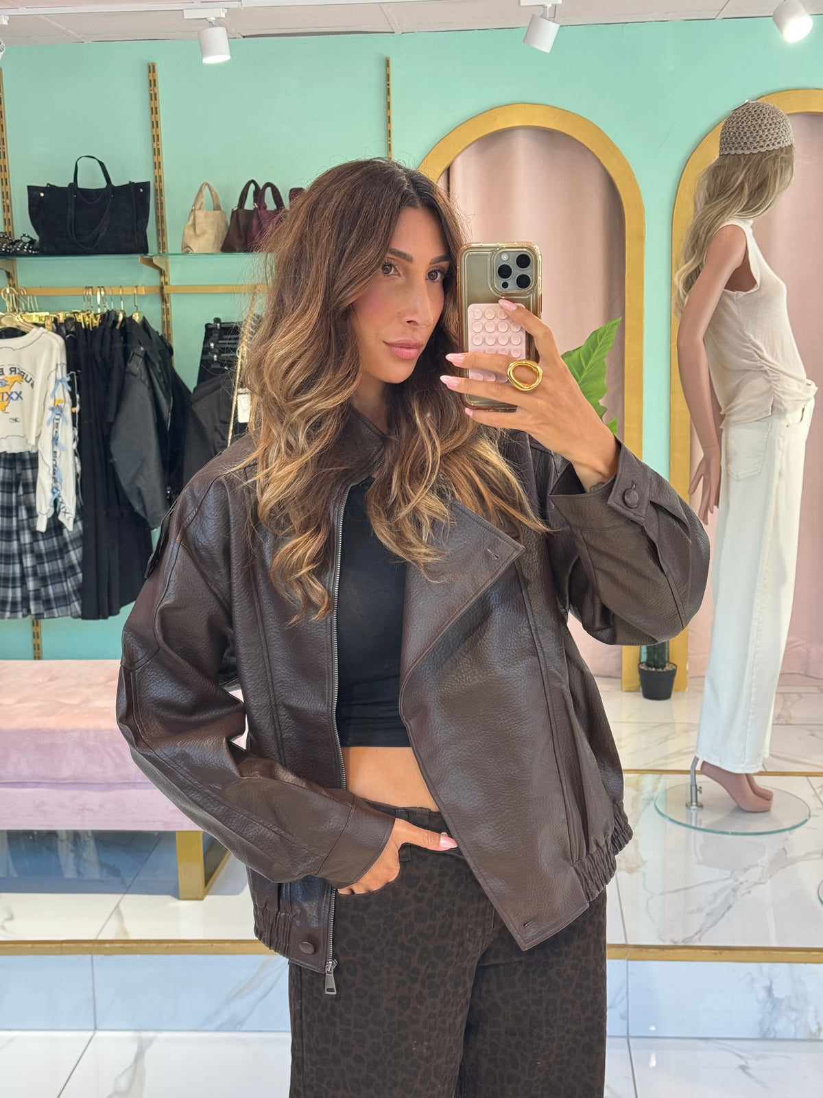✨ Veste Bomber en Simili Cuir Grainé à Col Montant Asymétrique – marron