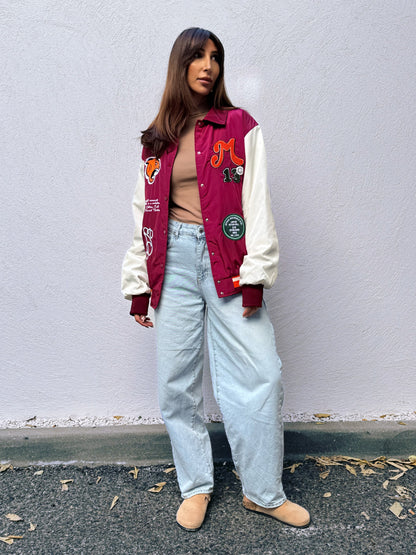 Blouson college brodé bicolore avec poches bordeaux