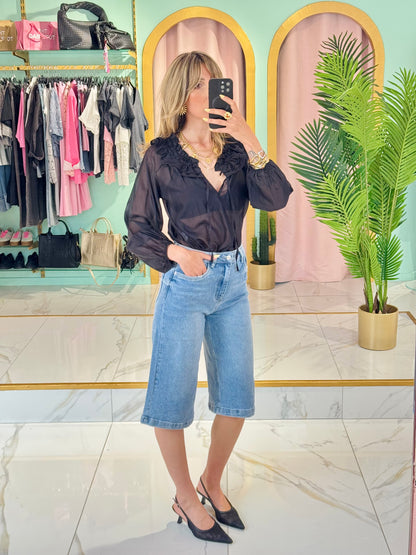 Blouse transparente col froncé – Noir