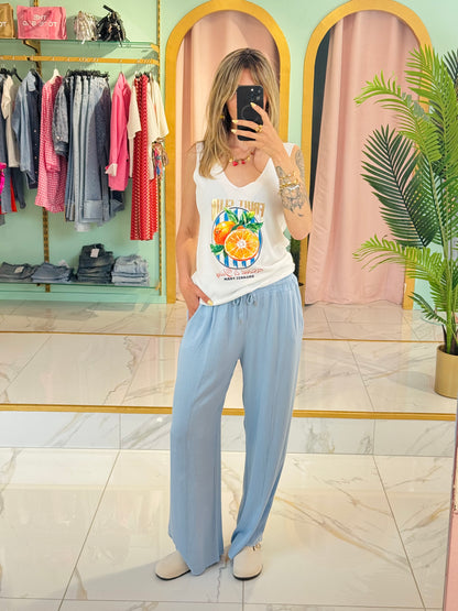 Pantalon fluide en viscose ceinture cordon bleu ciel