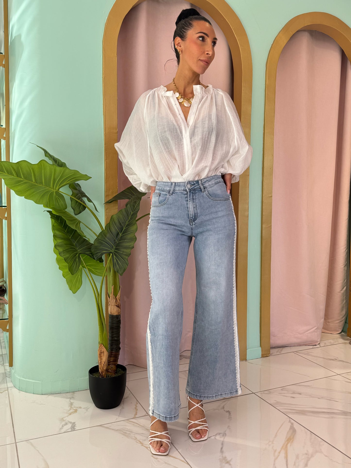 Jean wide leg perles & dentelle