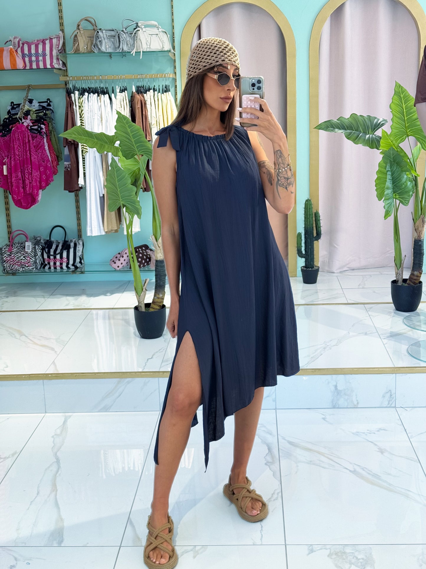 Robe oversize en viscose avec noeud et fente - bleu marine